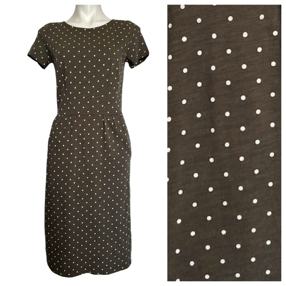 Boden Phoebe Dress Twee Feminine Polka Dot Size Small Olive White Pockets 4 LONG